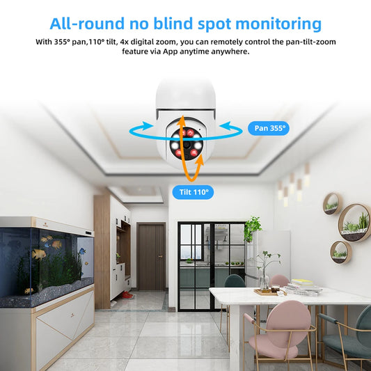 5MP E27 Bulb 5G WiFi Camera Night Vision 4X Digital Zoom Surveillance Security Monitor Cam Full Color Automatic Human Tracking