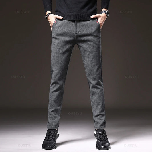 2024 New Winter Men's Brushed Fabric Casual Pants Business Fashion Slim Fit Stretch Thick Gray Blue Black Cotton Trousers Male