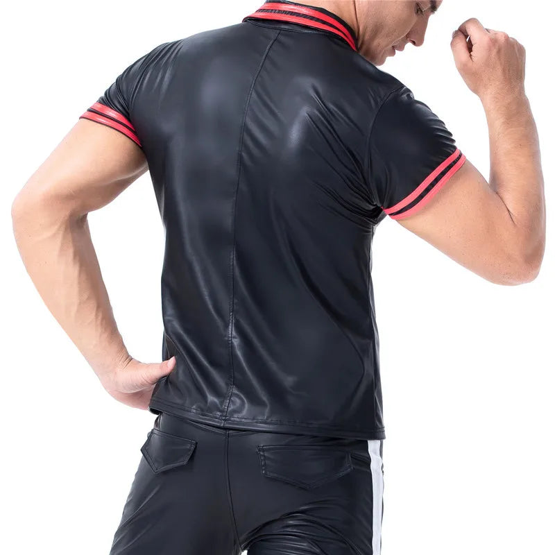 Plus Size Mens T-shirts Faux Leather Short Sleeve Shirts Tee Sports Fitness Body Shapers Streetwear Undershirts Casual Outfits