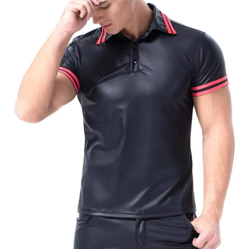 Plus Size Mens T-shirts Faux Leather Short Sleeve Shirts Tee Sports Fitness Body Shapers Streetwear Undershirts Casual Outfits