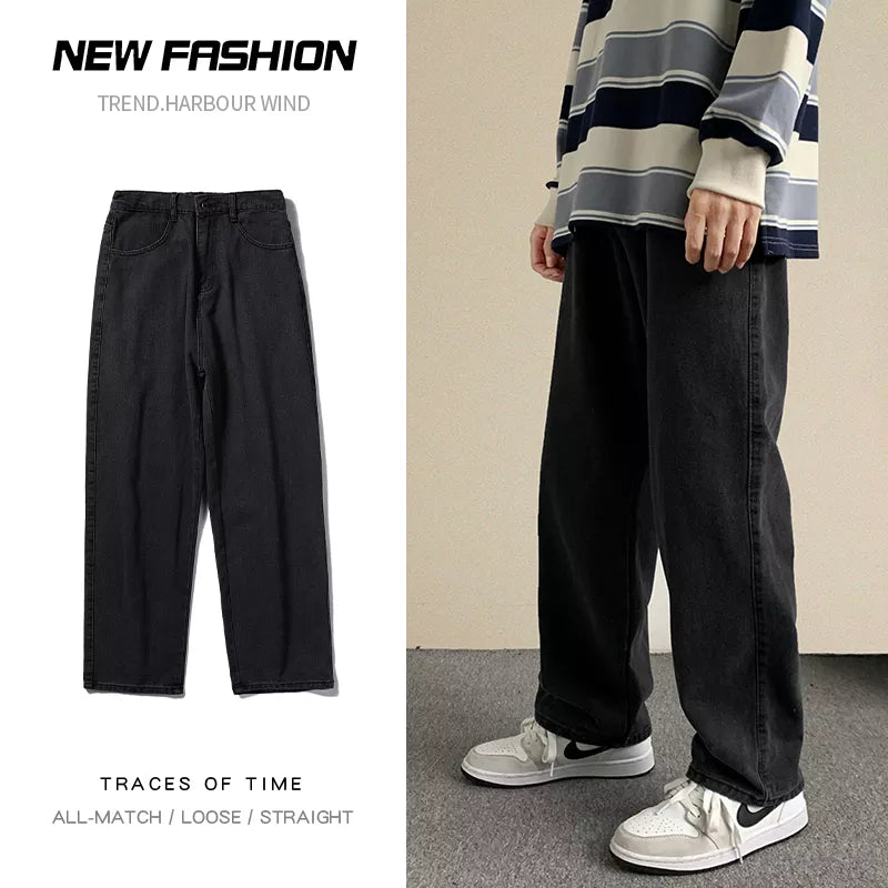 2024 Spring New Streetwear Baggy Jeans Men Korean Fashion Loose Straight Wide Leg Pants Male Brand Clothing Black Light Blue