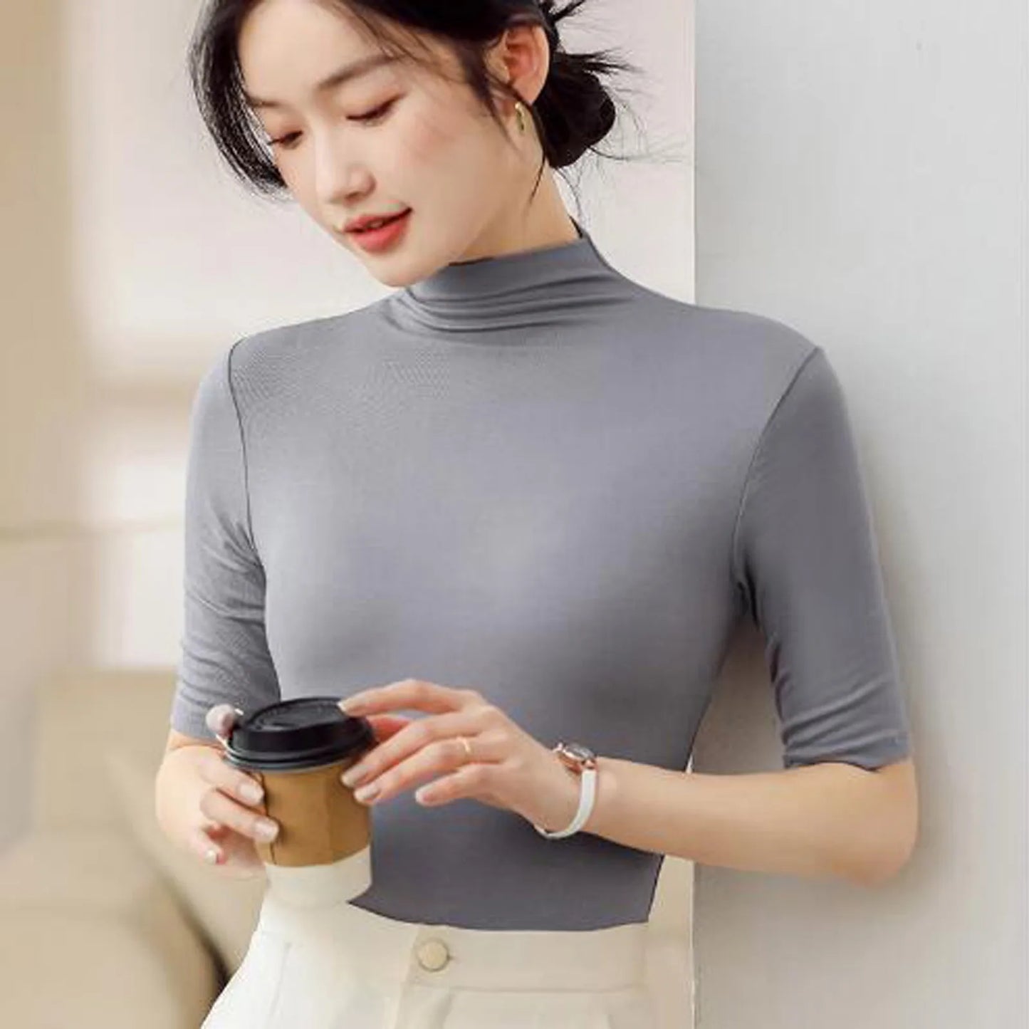 Solid Color Half Sleeve T Shirt Women Basic Pullover Undershirt Half Turtleneck T-shirts Elegant Female Tee Tops Casual Clothes