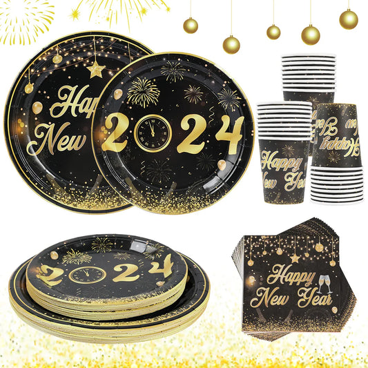 Happy New Year Party Supplies Tableware New Year Plates Cups Napkins Tablecloth Celebration For New Year Party Decoration 2024