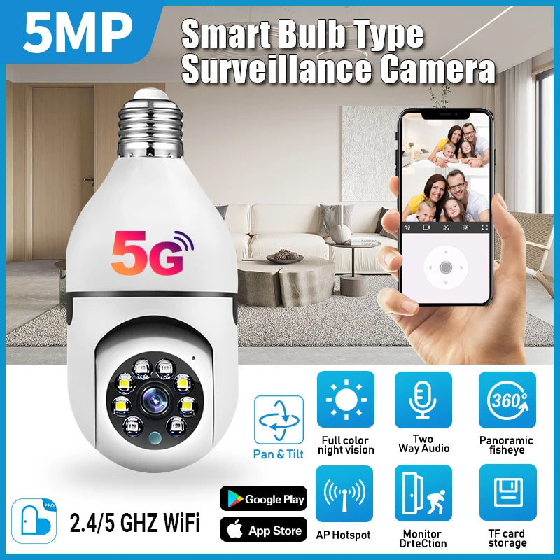 5MP E27 Bulb 5G WiFi Camera Night Vision 4X Digital Zoom Surveillance Security Monitor Cam Full Color Automatic Human Tracking