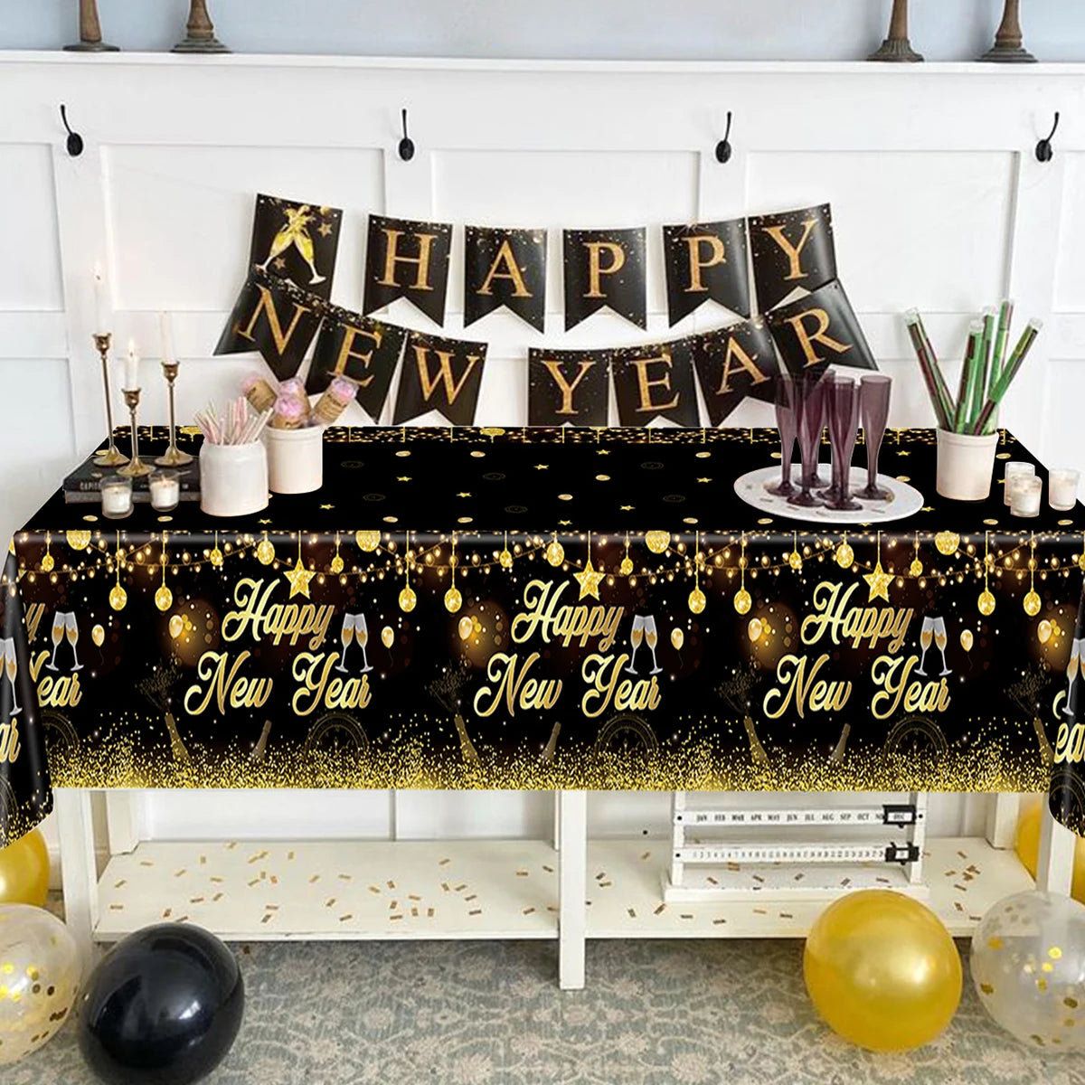 Happy New Year Party Supplies Tableware New Year Plates Cups Napkins Tablecloth Celebration For New Year Party Decoration 2024