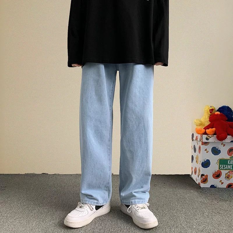 2024 Spring New Streetwear Baggy Jeans Men Korean Fashion Loose Straight Wide Leg Pants Male Brand Clothing Black Light Blue