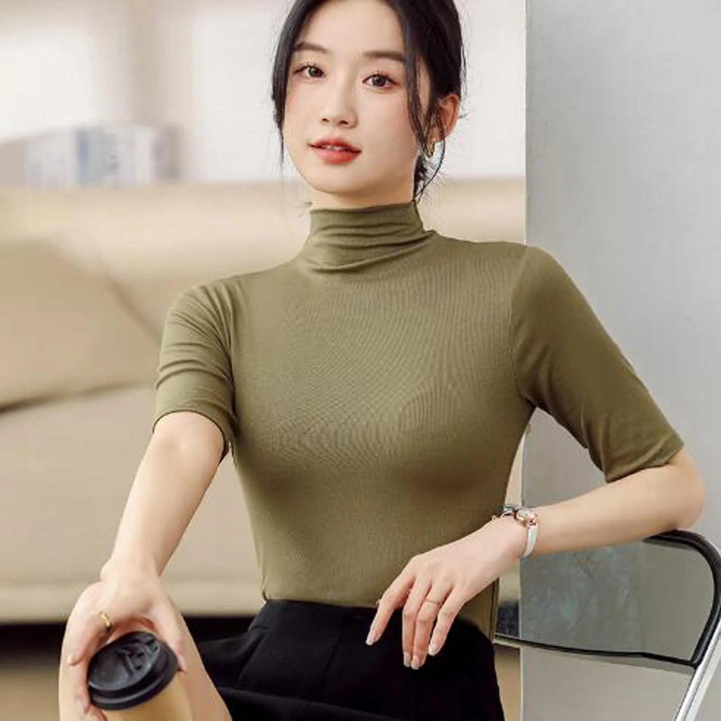 Solid Color Half Sleeve T Shirt Women Basic Pullover Undershirt Half Turtleneck T-shirts Elegant Female Tee Tops Casual Clothes
