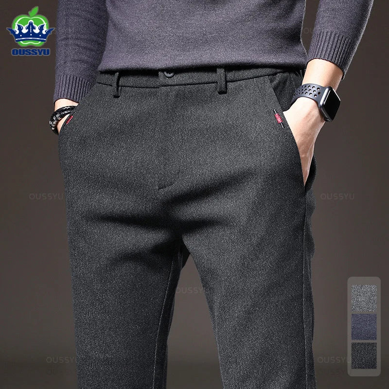 2024 New Winter Men's Brushed Fabric Casual Pants Business Fashion Slim Fit Stretch Thick Gray Blue Black Cotton Trousers Male