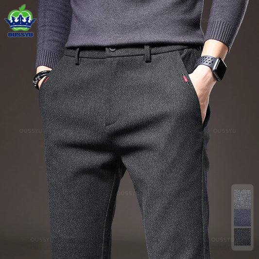 2024 New Winter Men's Brushed Fabric Casual Pants Business Fashion Slim Fit Stretch Thick Gray Blue Black Cotton Trousers Male