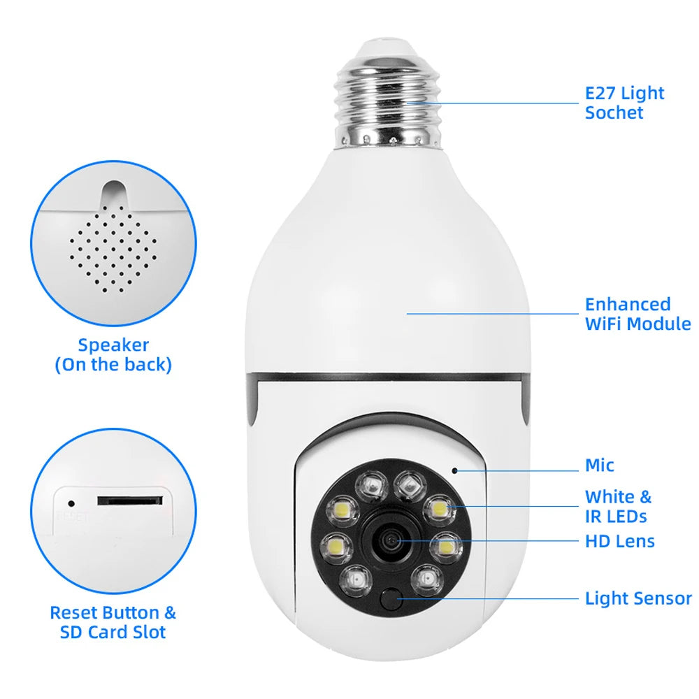 5MP E27 Bulb 5G WiFi Camera Night Vision 4X Digital Zoom Surveillance Security Monitor Cam Full Color Automatic Human Tracking
