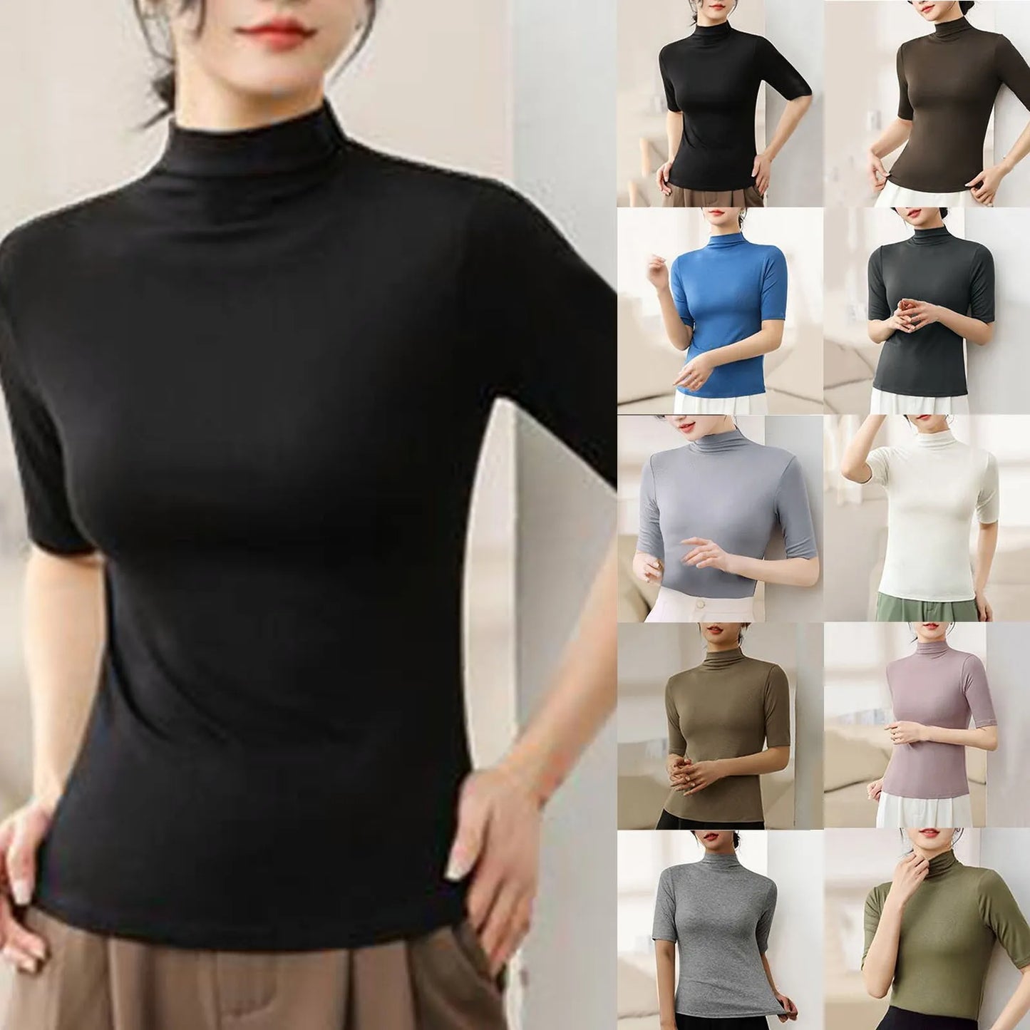 Solid Color Half Sleeve T Shirt Women Basic Pullover Undershirt Half Turtleneck T-shirts Elegant Female Tee Tops Casual Clothes