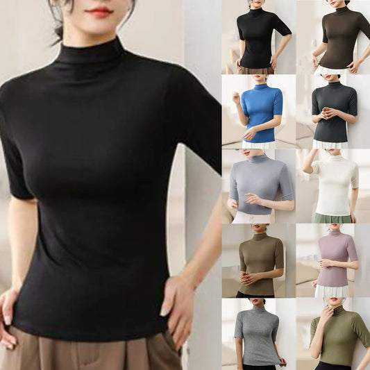 Solid Color Half Sleeve T Shirt Women Basic Pullover Undershirt Half Turtleneck T-shirts Elegant Female Tee Tops Casual Clothes