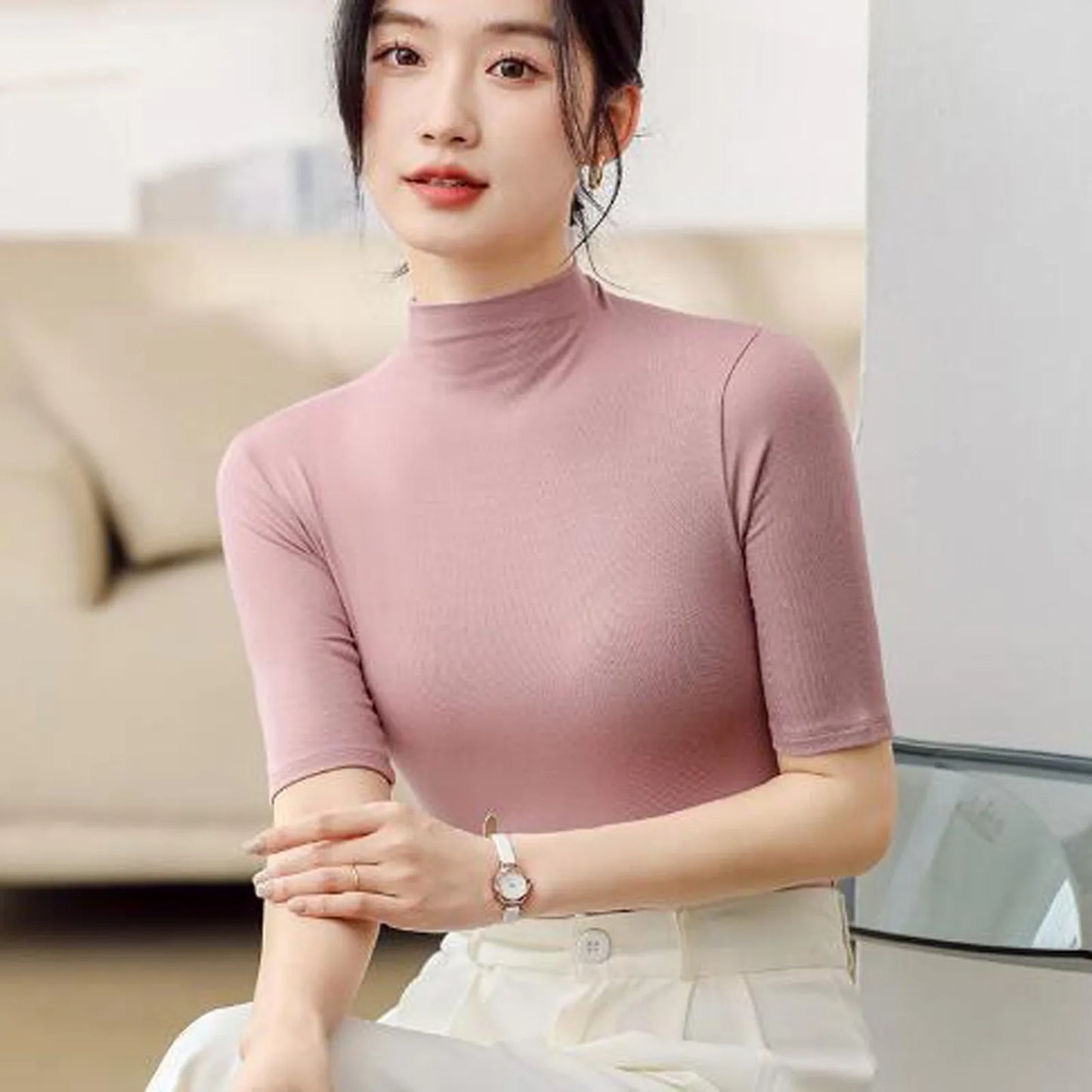 Solid Color Half Sleeve T Shirt Women Basic Pullover Undershirt Half Turtleneck T-shirts Elegant Female Tee Tops Casual Clothes