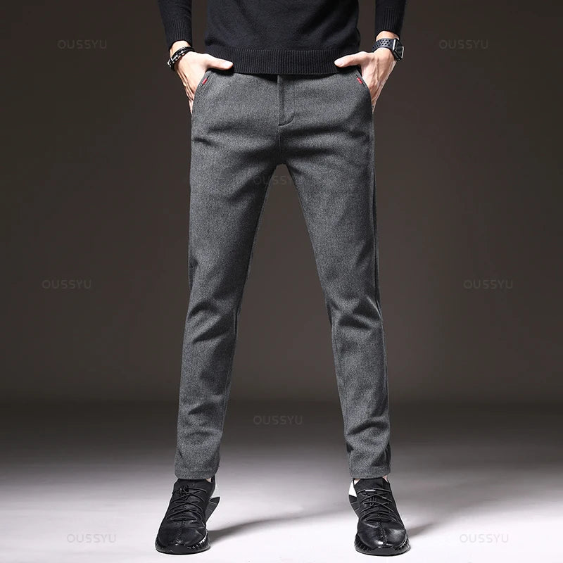 2024 New Winter Men's Brushed Fabric Casual Pants Business Fashion Slim Fit Stretch Thick Gray Blue Black Cotton Trousers Male