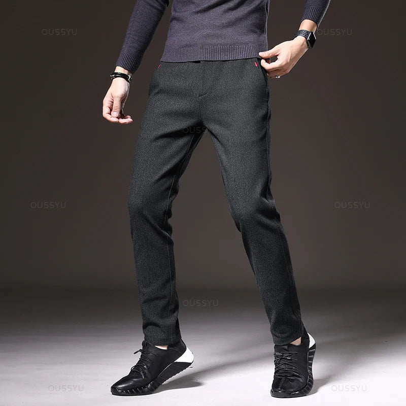 2024 New Winter Men's Brushed Fabric Casual Pants Business Fashion Slim Fit Stretch Thick Gray Blue Black Cotton Trousers Male