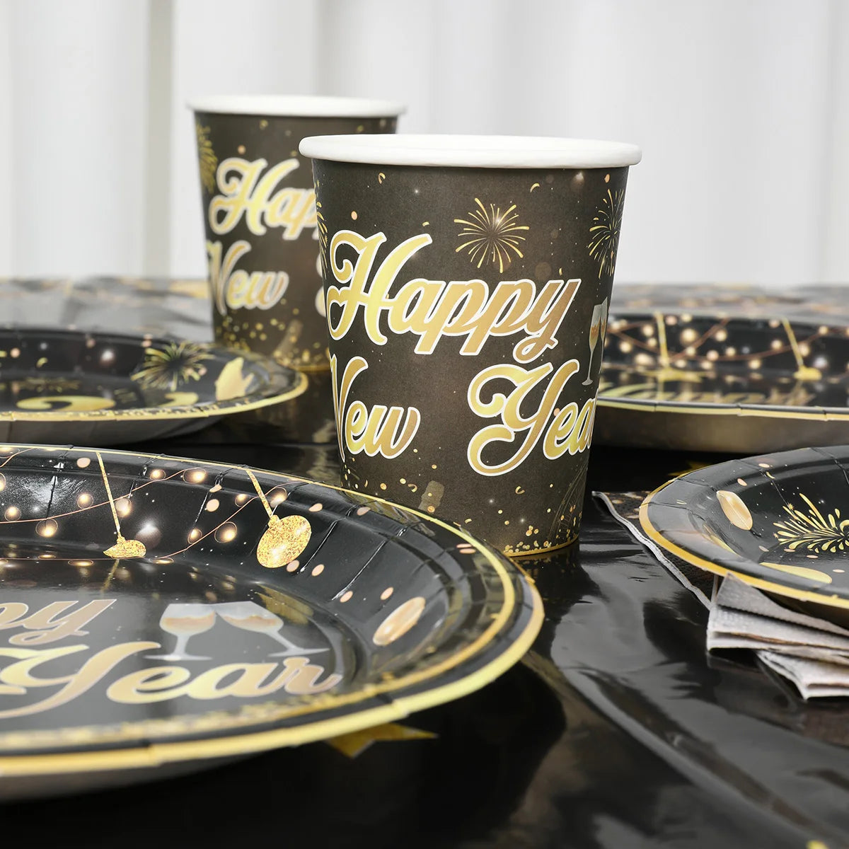 Happy New Year Party Supplies Tableware New Year Plates Cups Napkins Tablecloth Celebration For New Year Party Decoration 2024