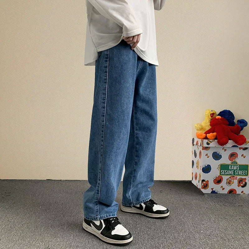 2024 Spring New Streetwear Baggy Jeans Men Korean Fashion Loose Straight Wide Leg Pants Male Brand Clothing Black Light Blue